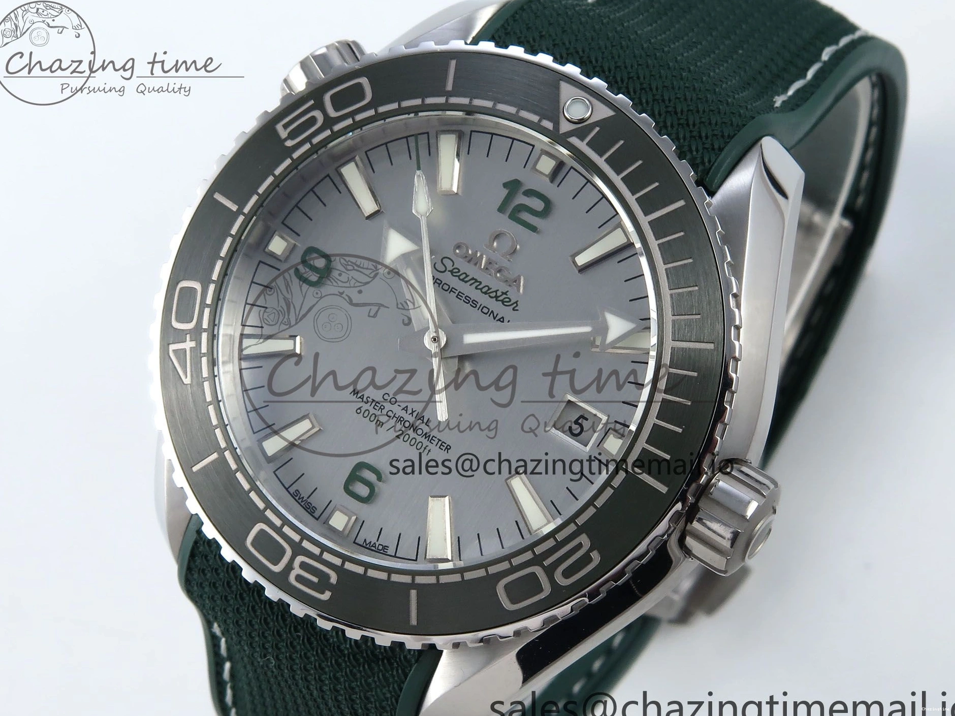 0401 Bold Seamaster Planet Ocean 600M 43.5mm SS SCF 1:1 Best Edition Green Bezel Gray Dial on Green Rubber Strap A8900 Super Clone 7666